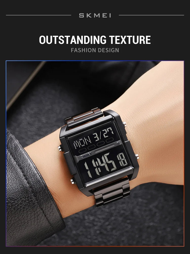 Skmei Luxury Brand Steel Strap Digital Watches for Mens Dual Time Zone Waterproof LED Chronograph Fashion Date Week Alarm Clock