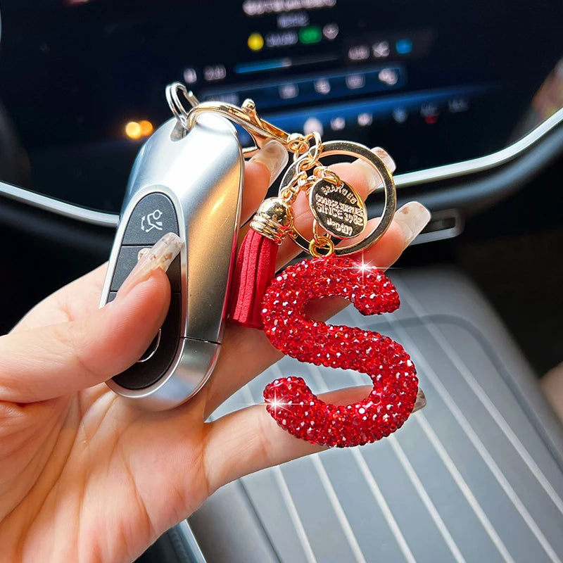 Red English letter car keychain, delicate with diamond bag, pendant, fashionable tassel key chain accessory