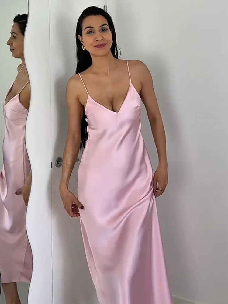 HH Summer Women Pink Stain V-Neck Sling Dress Elegant Sleeveless Loose Beach Long Dress Chic Lady Party Daily Dresses