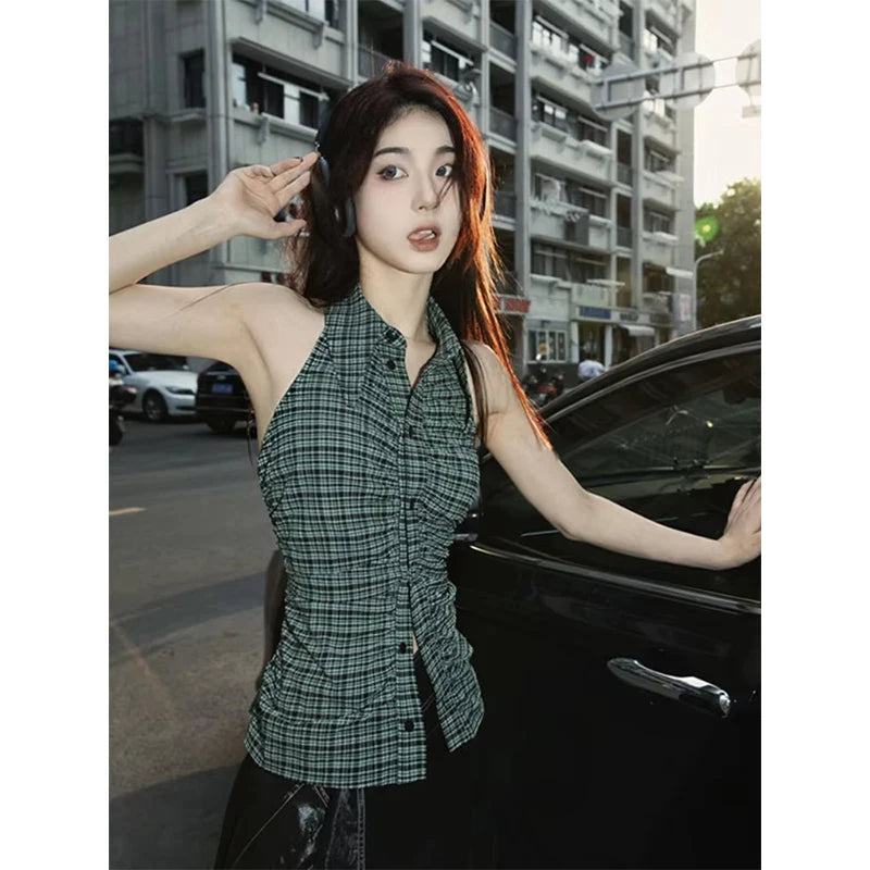 MEXZT Y2K Plaid Tanks Tops Women Vintage Sexy Halter Camis Summer Gyaru Harajuku Aesthetic Sleeveless Casual Design Clothes New