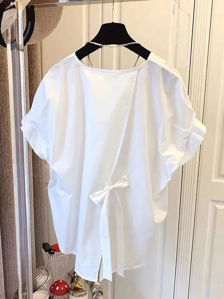 Woherb Cotton Asymmetrical Crop Blouse Women Korean Pleated Bow Bandage Shirt Casual O-neck Solid Elegant Blusas Mujer Moda 2026