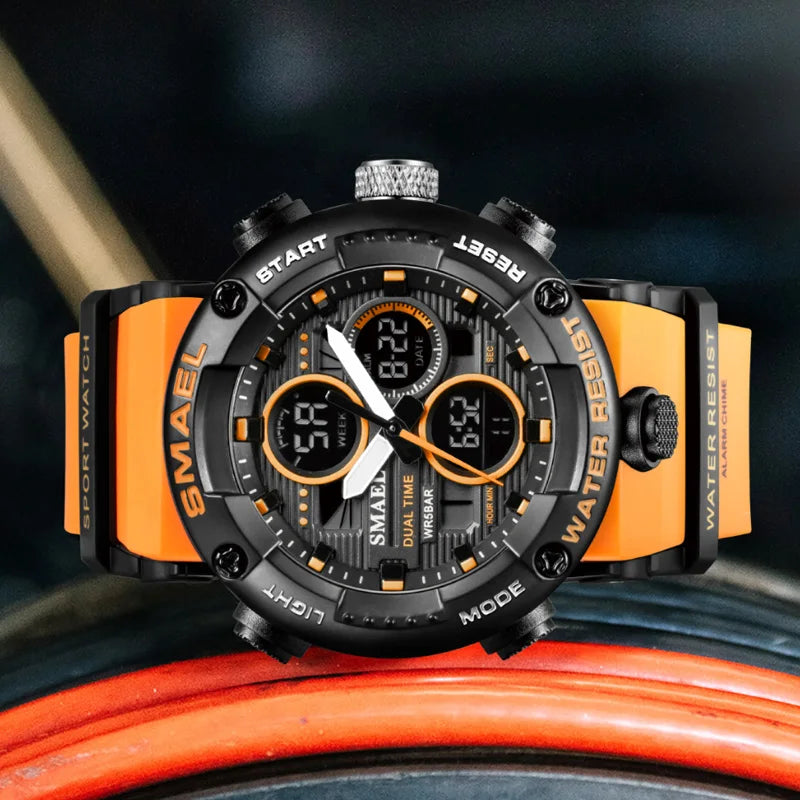 SMAEL Sport Watch for Male Quartz LED Digital Stopwatch Big Dial Clock Waterproof Dual Time Display Wristwatch