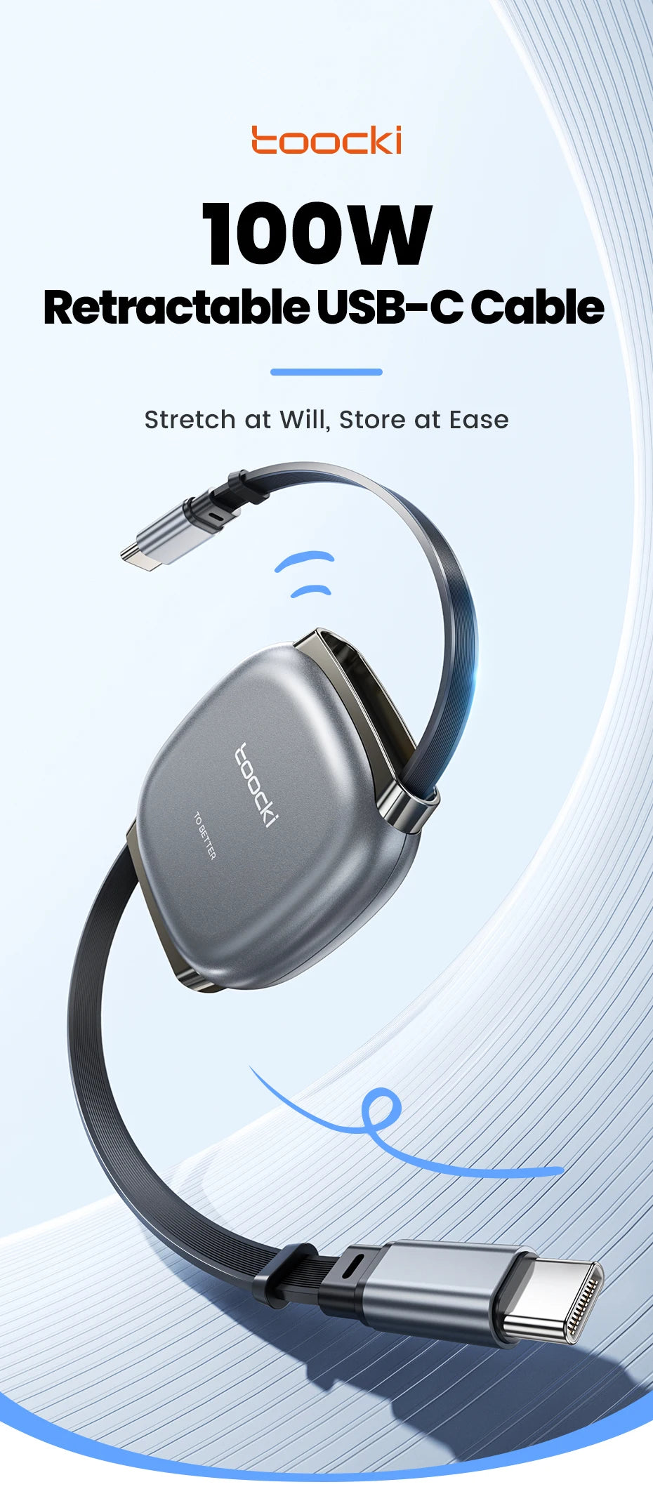 Toocki PD100W USB-C Cable Magnetic Slot Design 7 Adjustable Length 1M Retractable USB C to Type C Cable for iPhone 16 15 AirPods