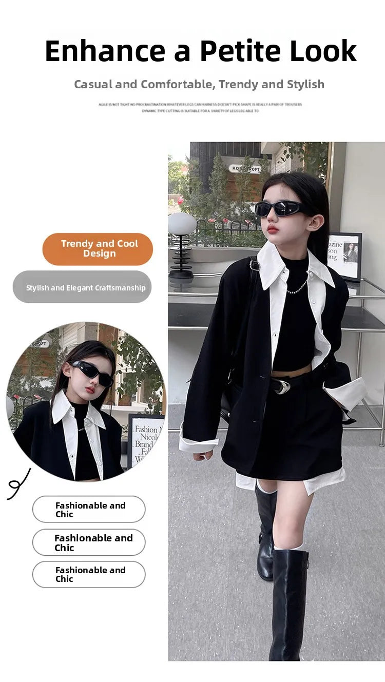 Girls' Suit Set Ages 5-14 Trendy Spliced Two-Piece Outfit with Jacket And Short Skirt for Children's Fashion Shows Machine Wa...