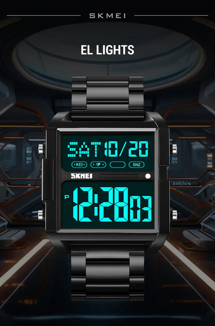 Skmei Luxury Brand Steel Strap Digital Watches for Mens Dual Time Zone Waterproof LED Chronograph Fashion Date Week Alarm Clock