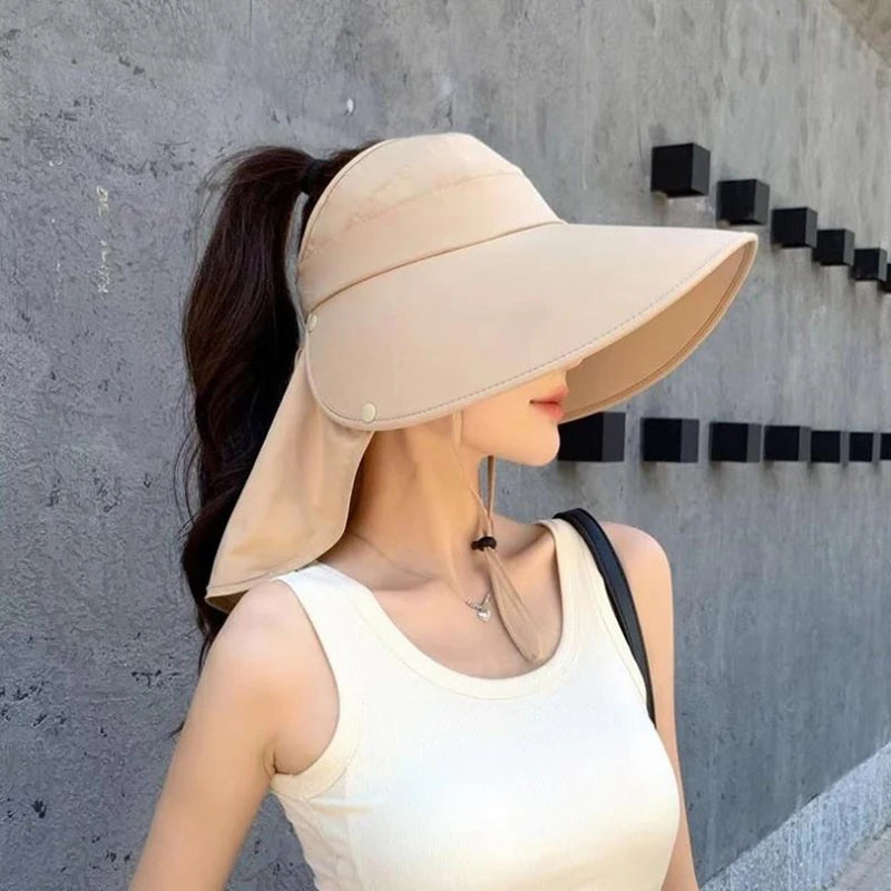 RICYGVM Women Summer Sun Hat Empty Top Neck Protection Shawl Hats Large Brim Fisherman Cap Without Flipping Anti-UV Sunscreen