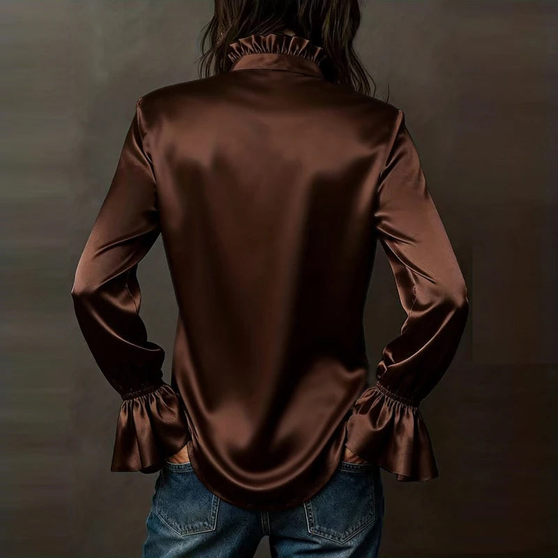 Elegant Blouses For Women Spring Autumn Satin Shirt Women Fashion Flare Long Sleeve Button Silk Blouse All Match Office Lady Top