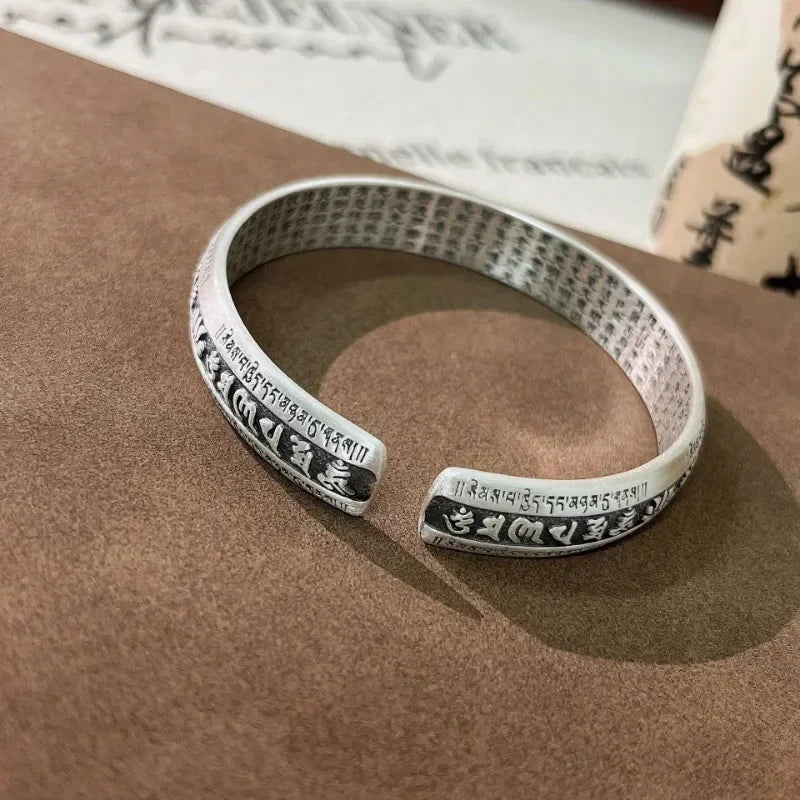 925 Silver Carved Prajnaparamita Heart Sutra Lotus Flower Bracelet Six Character True Words Wide Vintage Bangles Jewelry