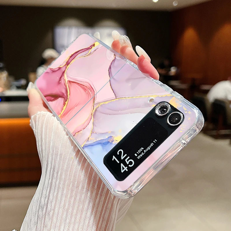 For Samsung Galaxy Z Flip 7 6 5 4 3 Case Watercolor Marble Pattern Hard Clear Folding Cover For Samsung Z Flip6 Flip5 Flip7