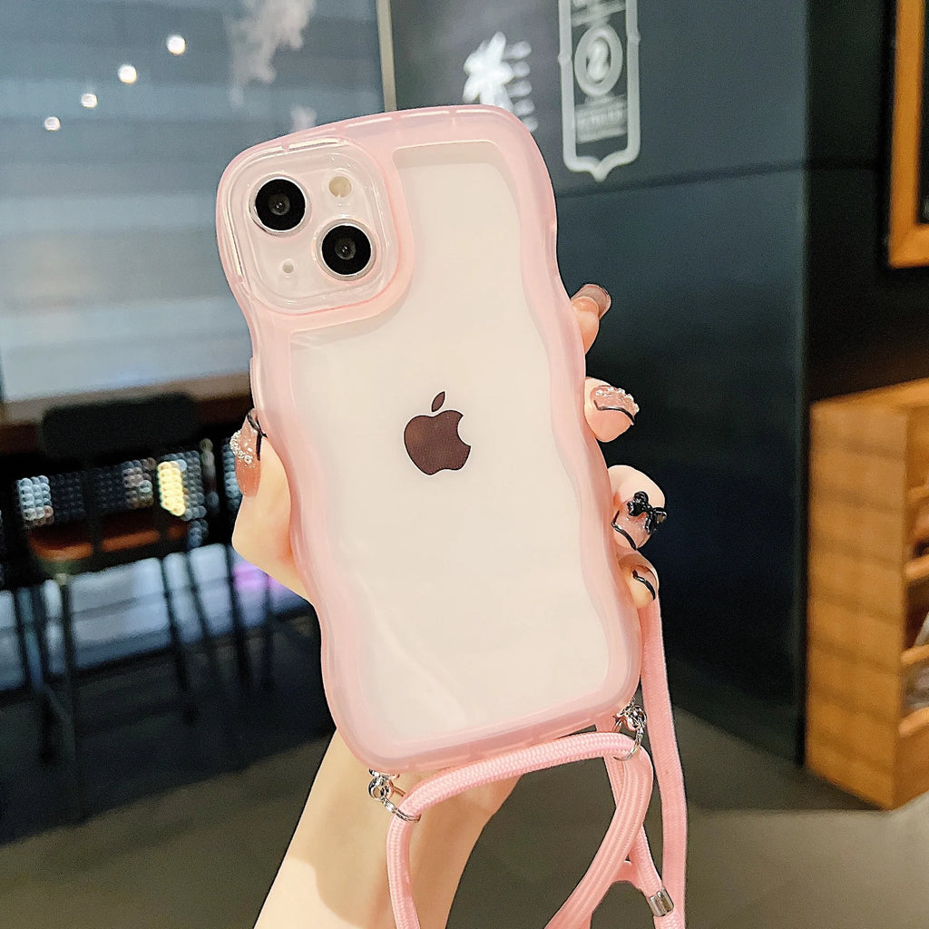 Crossbody Necklace Strap Lanyard Cord Phone Case For iPhone 17 16 15 14 13 12 11 Pro Max XR XS 7Plus Soft Cute Curly Wave Cover
