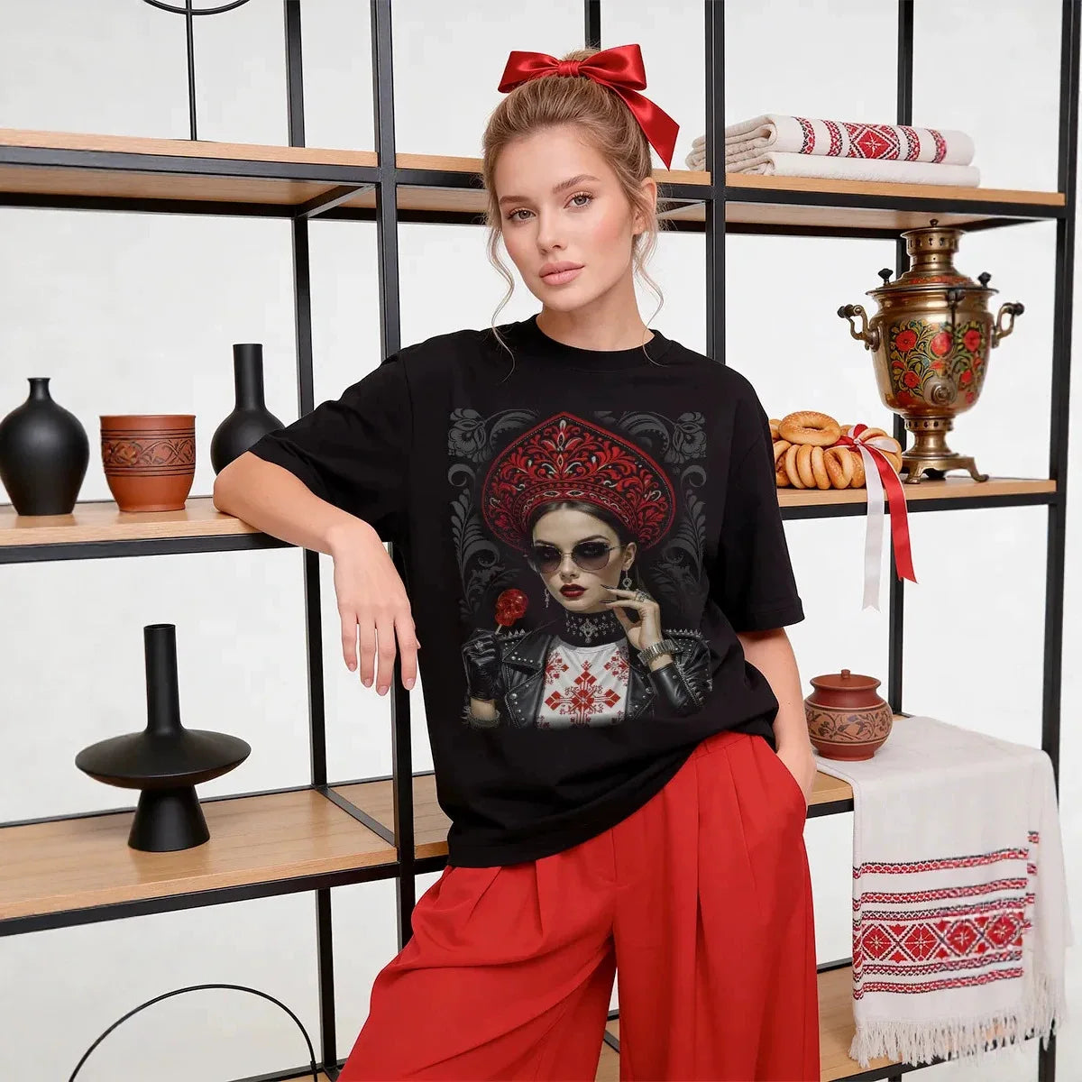 "Russian Girl" Graphic Oversized T-Shirt Modern Folk Art Print Soft Cotton Casual Tee Fashion Streetwear High Quality Summer Top