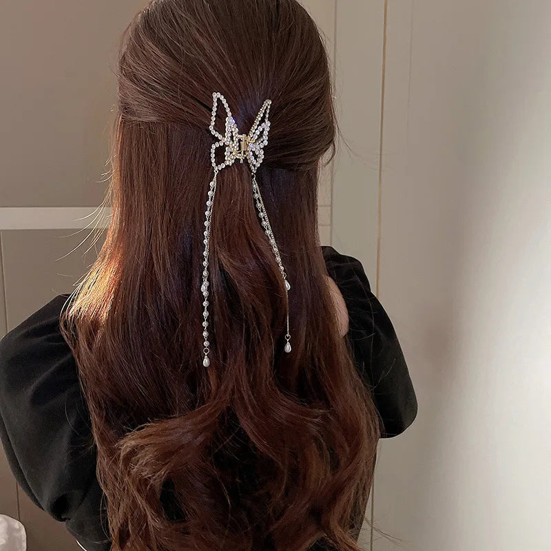 DREJEW Butterfly Hairbands for Women Rhinestone Crystal Long Tassel Chain Headband Simulated Pearl Headwear Hair Accessories