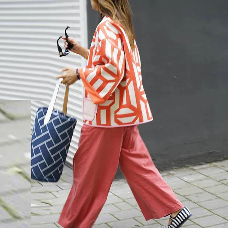 New Printed Pocket Wide Sleeved Ladies Outwear Loose Fashion Women's Double Sided Jacket 2023 Chic Casual Party Street Wear