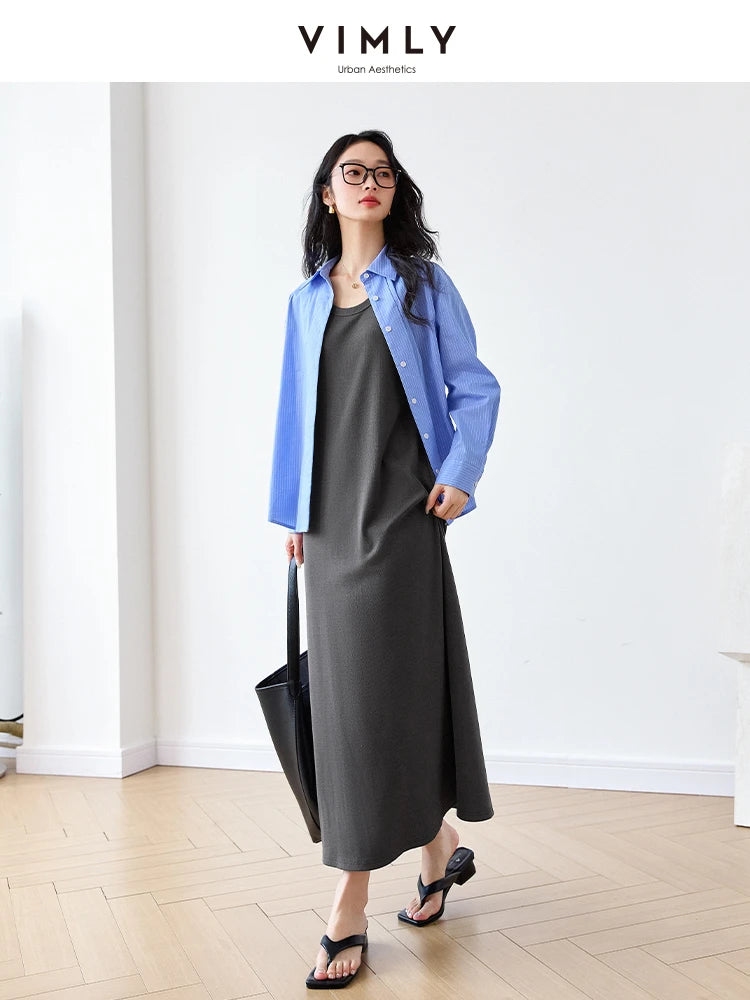 VIMLY Summer Tank Dresses 2026 Woman Simple Gray Cotton Blend Knitted Loose Sleeveless A Line Long Dress Women's Clothing M9852