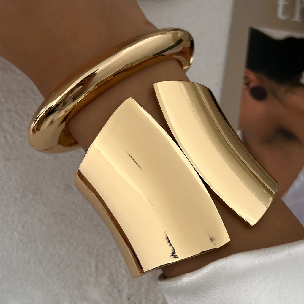 Salircon Exaggerated Vintage Geometric Wave Shape Open Spring Bangles Bracelet Woman Trending Punk Heavy Metal Bracelet Jewelry