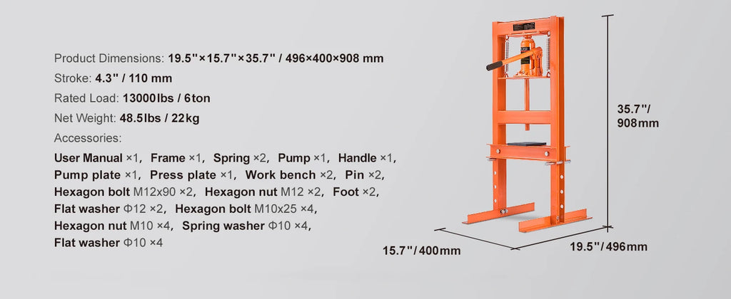 SucceBuy 6/12T Hydraulic H-Frame Garage Floor Adjustable Shop Press with Plates 6T/12T Orange for Garages or Professional Shop
