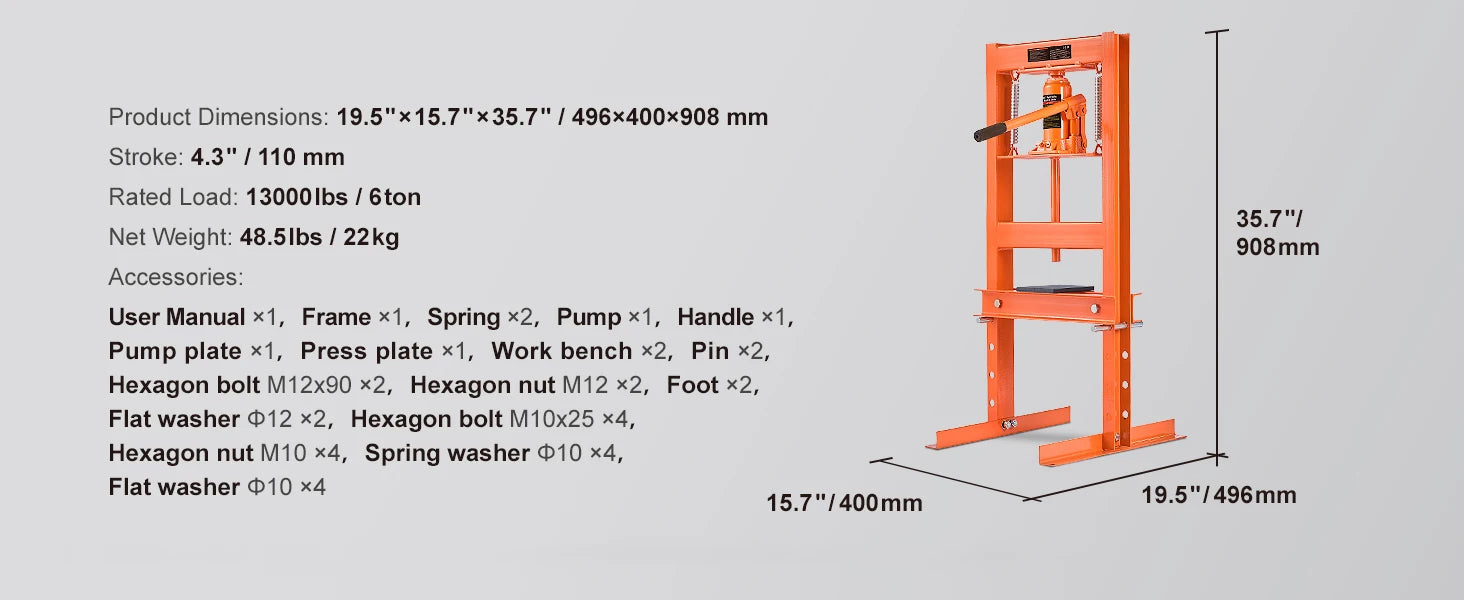 SucceBuy 6/12T Hydraulic H-Frame Garage Floor Adjustable Shop Press with Plates 6T/12T Orange for Garages or Professional Shop
