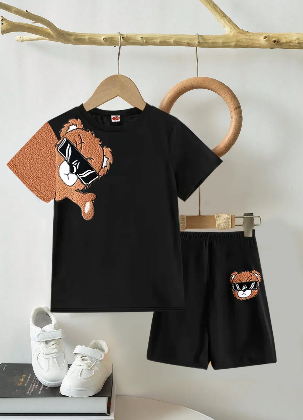 Summer Simple And Fashionable Short-Sleeved Set Imitating Plush Bear Patterns