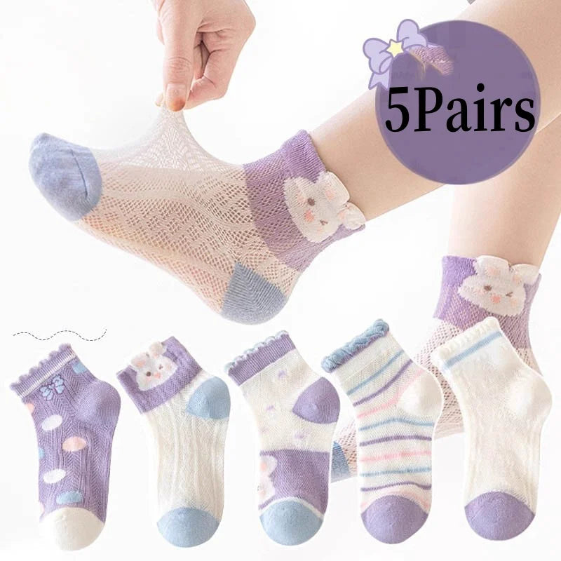 RAISE YOUNG 5Pairs/Lot Purple Children Girls Mesh Socks Bow Flower Print Babys Girls Summer Socks Animal Pattern Kids Girl Socks