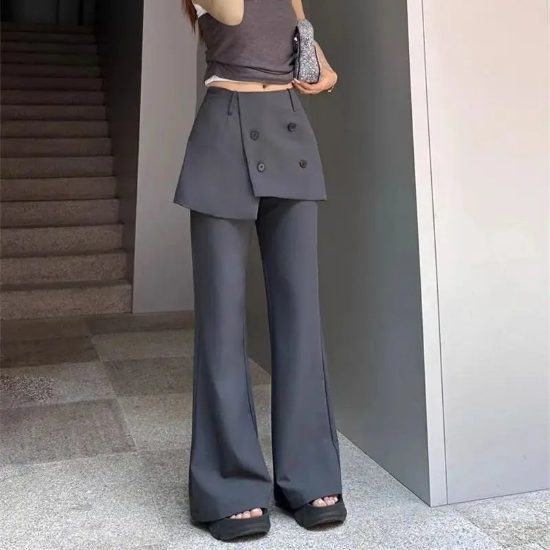 Korean Women's Apron Pants Short Skirt Patchwork Fashion High Street Fake Two Pants Solid Color High Waist Flared Pants 937P