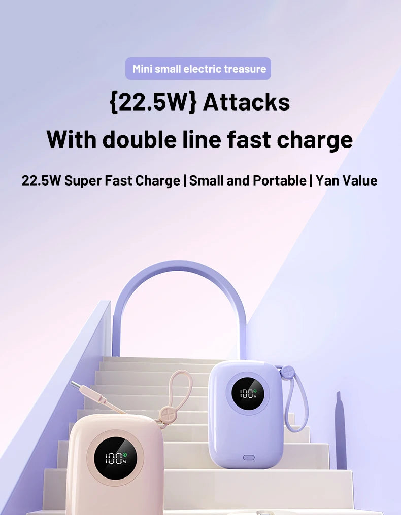 PD22.5W power bank, bidirectional fast charging with 10000mAh cable, large capacity mobile power bank mini ultra-thin power bank