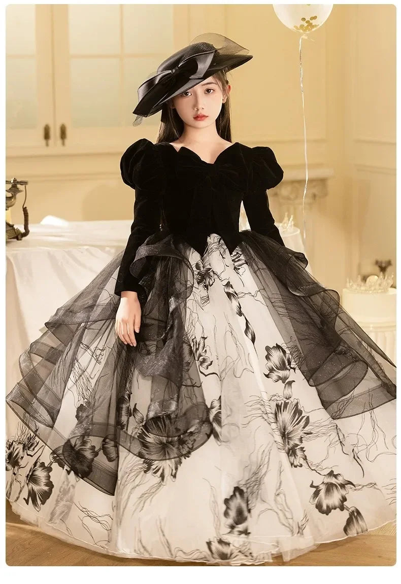 Girls' Spring Dress 3-14y Sweet Girls Floral Puff Long Sleeve PrincessCostumes Vestidos Dresses Kid's Clothes Children's Mes