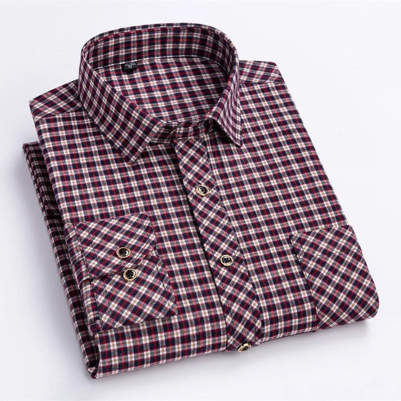 New Cotton Flannel Plaid Shirt For Men's Long Sleeve Regular-fit Brushed Single Pocket Soft Comfortable Casual Fashion Shirts