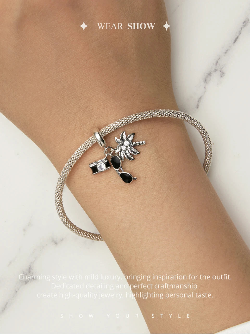 BISAER 925 Sterling Silver Summer Vacation Charm Bead Lipstick Sunglasses High Heels Airplane Pendant Fit Women DIY Bracelet
