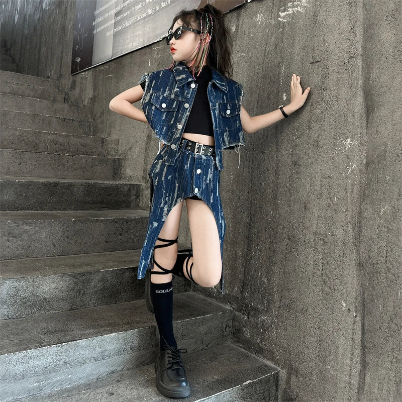 junior Girls Street Jazz Dance Set short denim vest jacket+Irregular skirt black top shorts belt teen girls clothes suit outfits