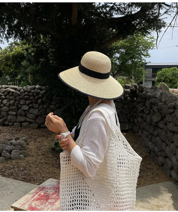 Wide-Brimmed Black-Trimmed Straw Hats for Women Summer Vintage French-Style Elegant Hepburn Wide-Brimmed Woven Caps Gorras