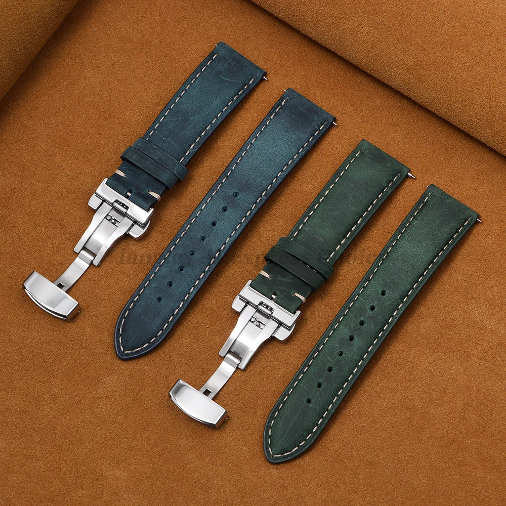 Genuine Calfskin Leather Watchband for Seiko for Omega Business Watch Band 14/16/18/20mm 22mm Butterfly Buckle Stitching Straps