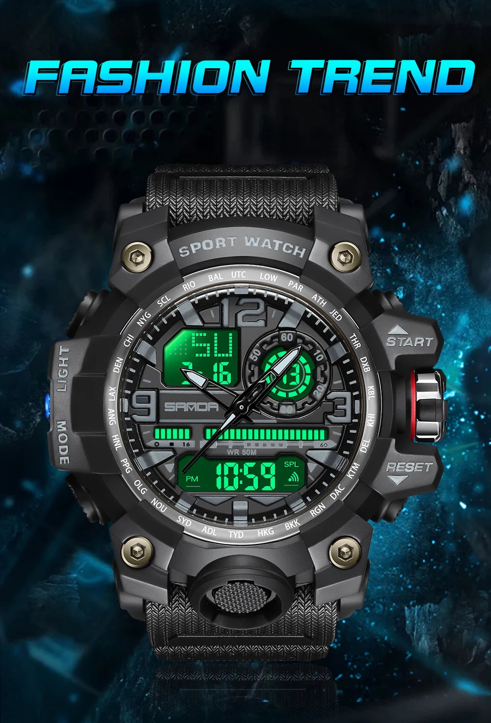 SANDA 3133 Digital Watch Men Military Sport Stopwatch Quartz Wristwatch Top Brand Luxury LED Waterproof Male Electronic Clock