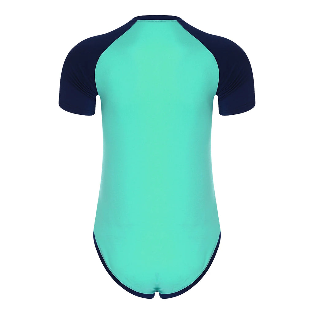 Men Workout Fitness Gym Sport Bodysuit Short Sleeve Openable Crotch Patchwork Jumpsuit for Workout Gym Sports Swimming Outfits
