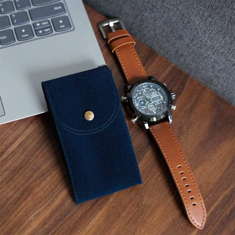 IBBETON Watch Bag Blue and Black and Brown Flannelette Gift Bag Travel Storage Case Durable Portable Watch Dust Protection Case