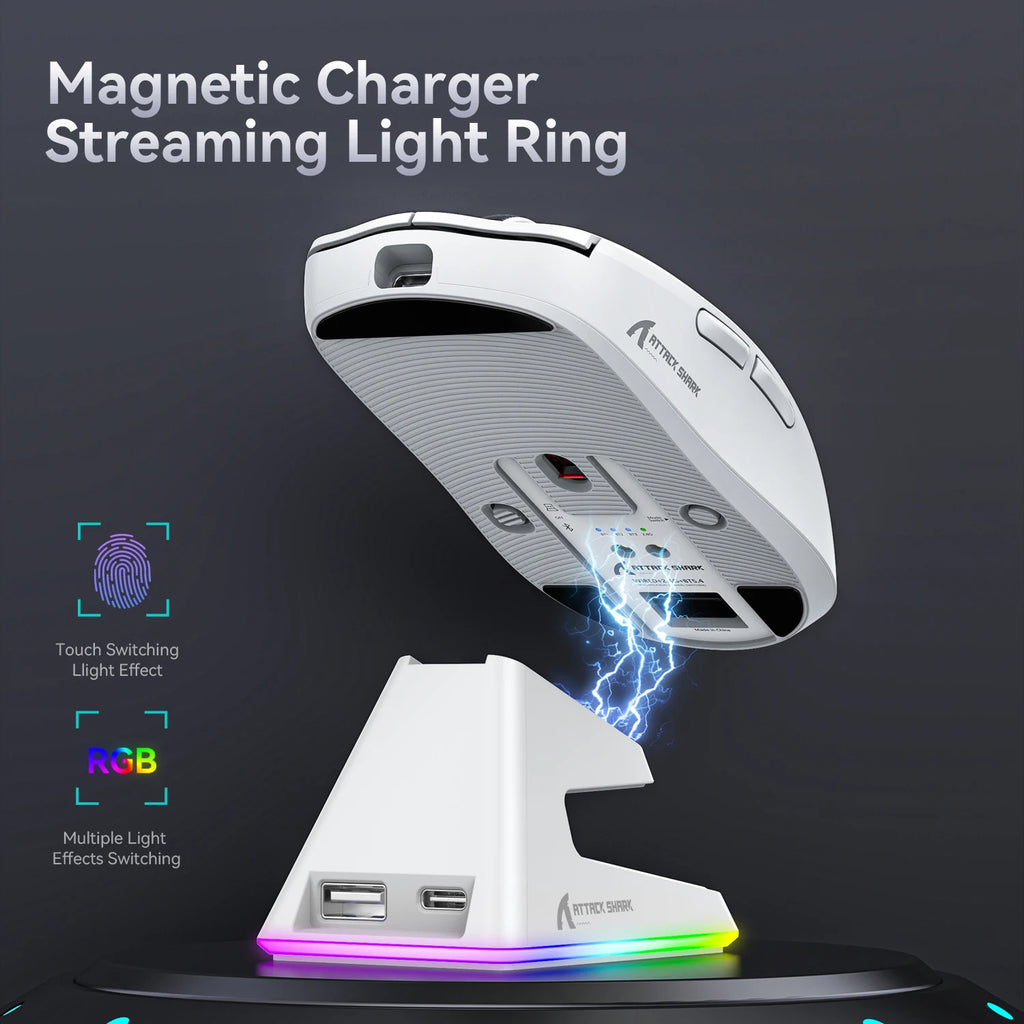 Attack Shark X6 Wireless Gaming Mouse Bluetooth Tri-Mode Connection,RGB Touch Magnetic Charging Base PAW3395 Macro Gaming Mouse