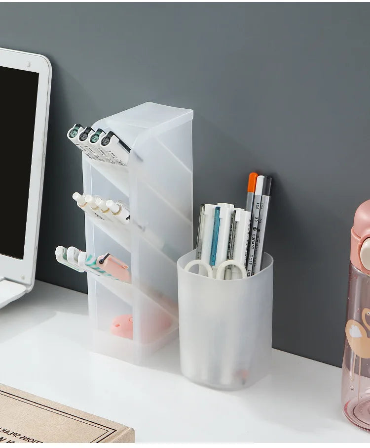 1Pcs Semi Transparent Frosted Pen Holder Slanted Makeup Brush Lipstick Organizer Multifunctional Stationery Storage Tube