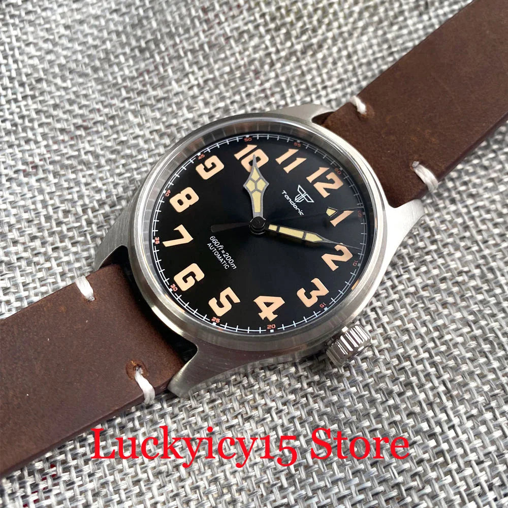 Tandorio Automatic Pilot Watch 39MM 20ATM NH35/PT5000 Movement Wristwatch Leather Strap Sapphire Green Lume Vintage Black Dial