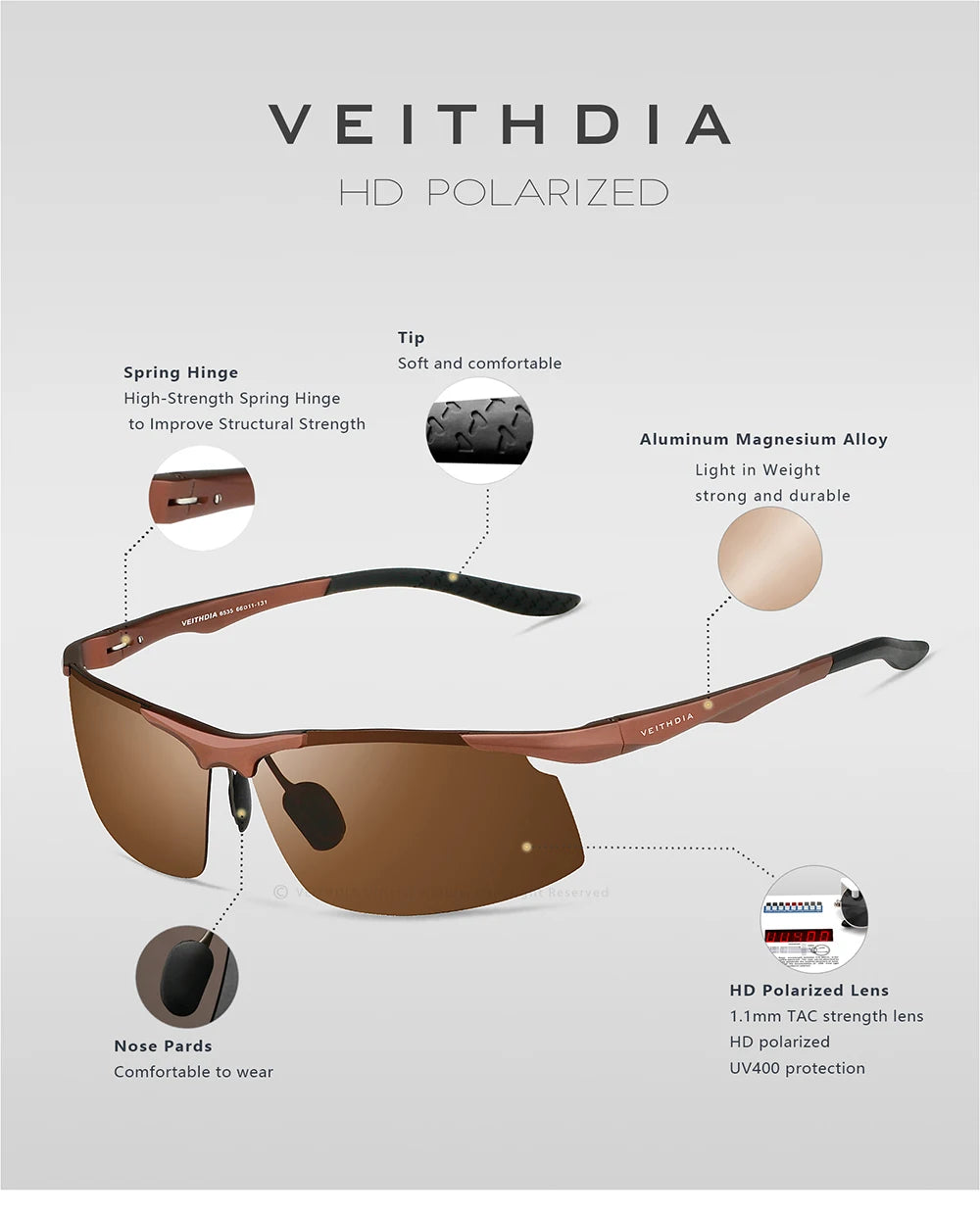 VEITHDIA Men Sunglasses Aluminum Magnesium Polarized UV400 Lens Rimless Driving Fishing Sun Glasses Sports Eyewear For Male 6535