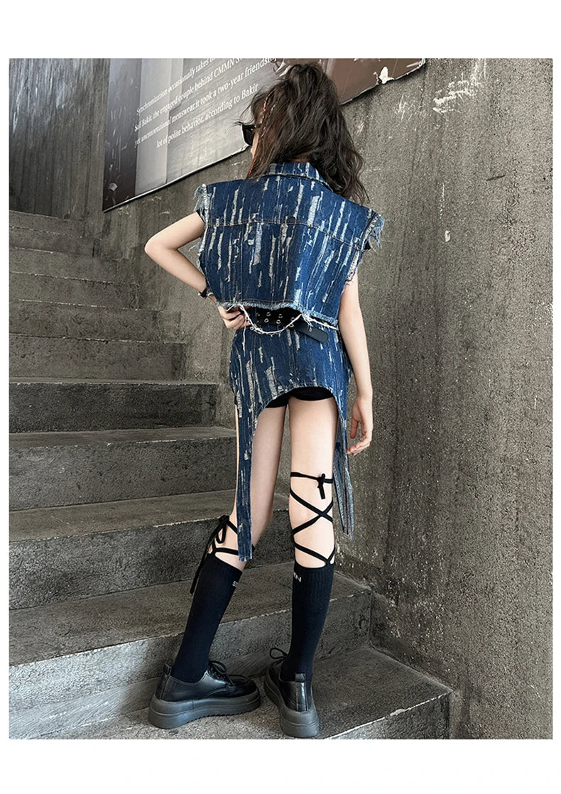 junior Girls Street Jazz Dance Set short denim vest jacket+Irregular skirt black top shorts belt teen girls clothes suit outfits