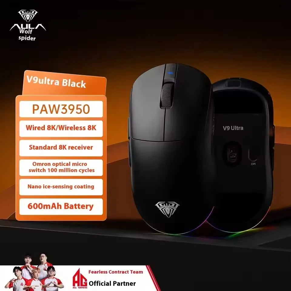 AULA V9 Ultra Wireless Mouse Tri Mode Wireless 8K Paw3950 Esports Gaming Lightweight Low Latency Mouse Custom for PC Accessories