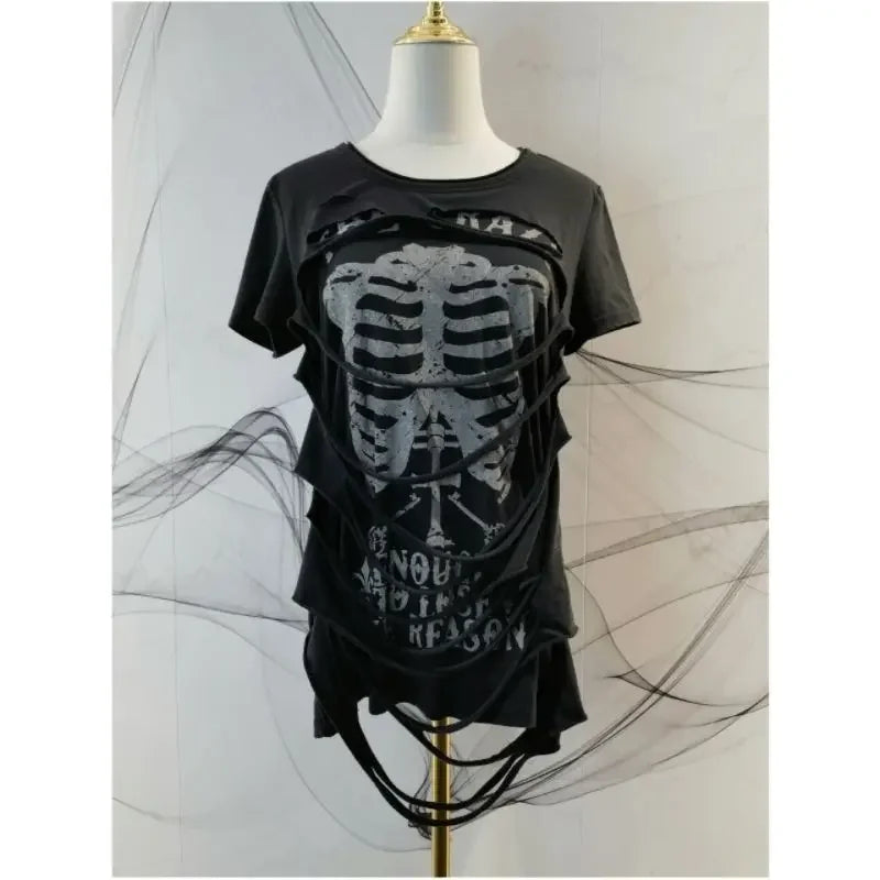 American Vintage Fake Two Pieces T-Shirt Women Streetwear Hip Hop Gothic Harajuku Grunge Y2k Crop Tops Black Skull Punk Tees