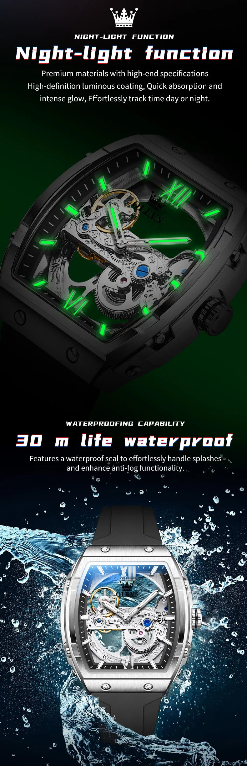OLEVS 6779 Man Watch Skeleton Luxury Tonneau Mechanical Watches For Men Waterproof Silicone Strap Automatic Hand Clock Gifts Box