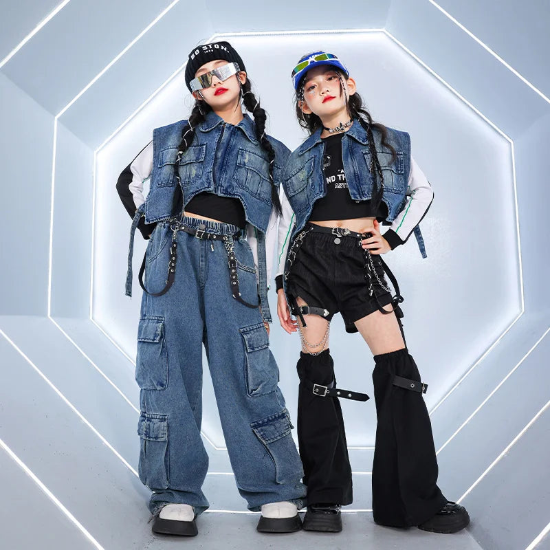 junior girls Hip hop Street Dance Jazz Clothes Set Vest Short hoodie Cagro Pants (short) Streetwear junior Child Kid outfits 170