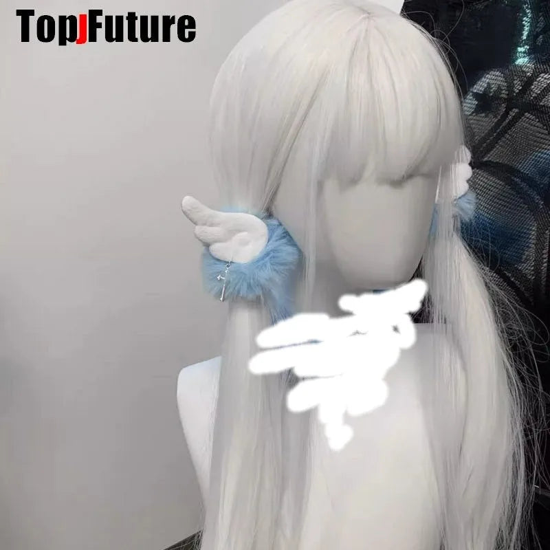 Girl Vintage  y2k Girl  gothic lolita cosplay Harajuku Punk Angel wing cross furry hair loop hair rope elastic hair bands