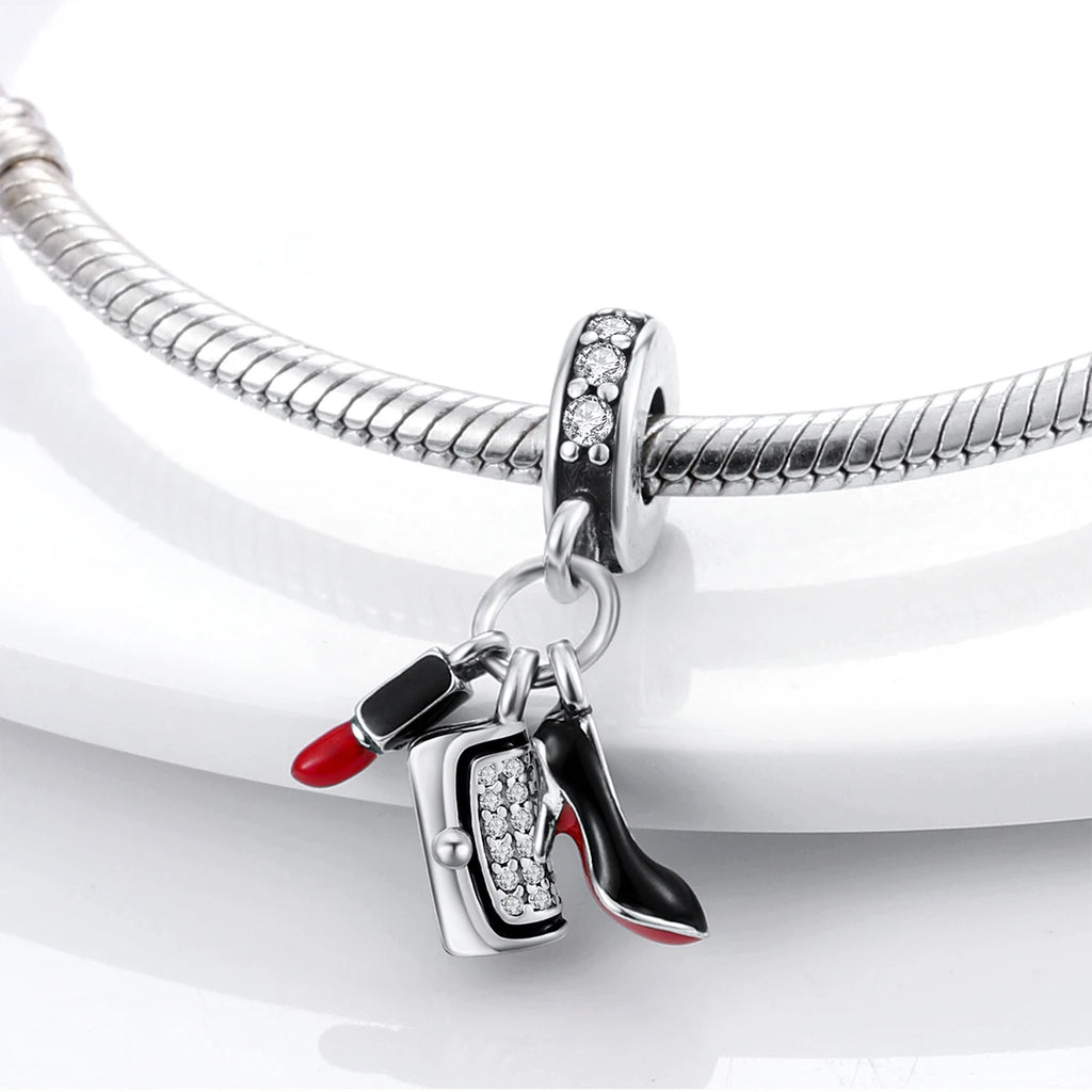 925 Silver Lipstick High Heels Charms For Lady Pendant Fit Original Bracelet DIY Ornament
