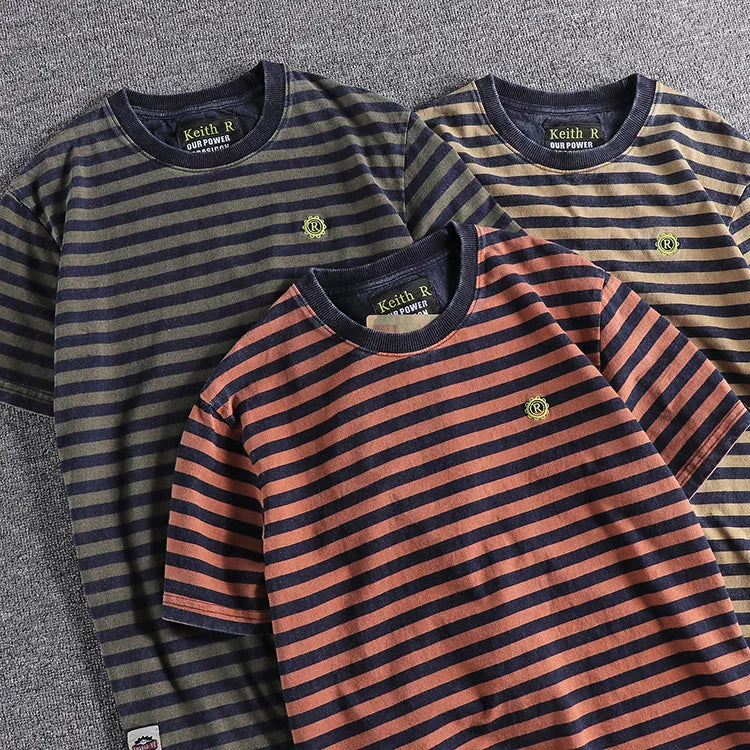 Retro and Aged Casual Short-sleeved T-shirt, High-quality Men's Striped Cotton T-shirt, Sweat-absorbing & Breathable Sports Top
