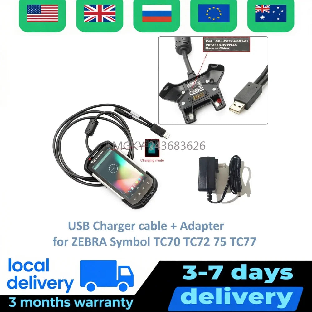 CBL-TC7X-USB1-01 Power Charger for Zebra Motorola Symbol TC70 TC70X TC72 TC75 TC75X TC77 Charging Cable with Adapter
