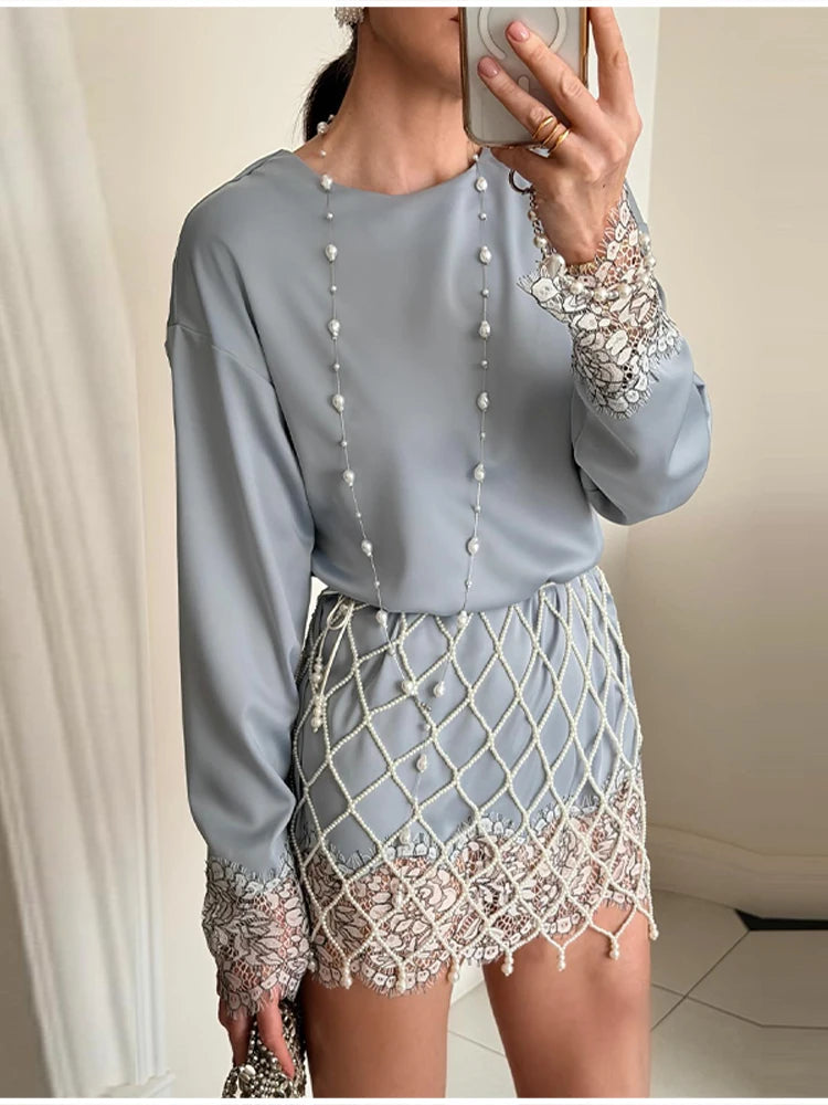 Elegant Modest Blouse Designers Satin Lace Retro Women Tops Spring Romantic Casual Chic Fashionable Streetwear