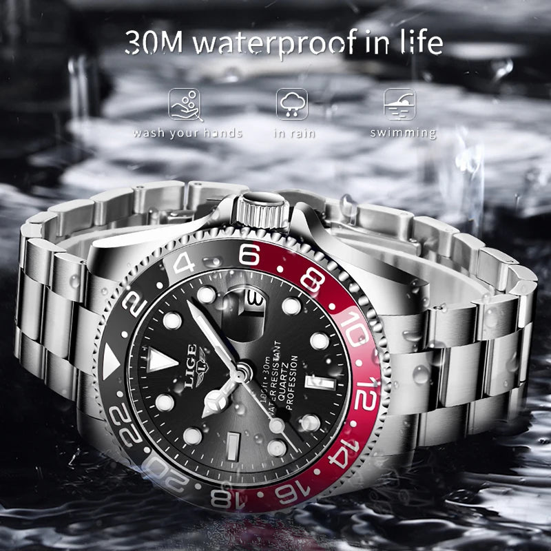 LIGE Top Brand Fashion Mens Watch Business Luxury Quartz Wristwatches Luminous Waterproof Steel Sports Watches Mens Gifts Reloj