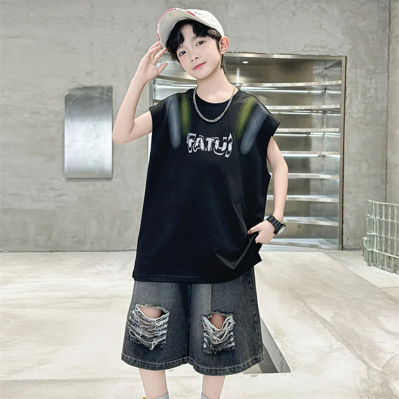 Junior Boys Summer Suit Children's Fashion Sleeveless Vest and Hole Jeans Shorts Clothing Sets for Kids 5 7 9 11 13 14 Years Old